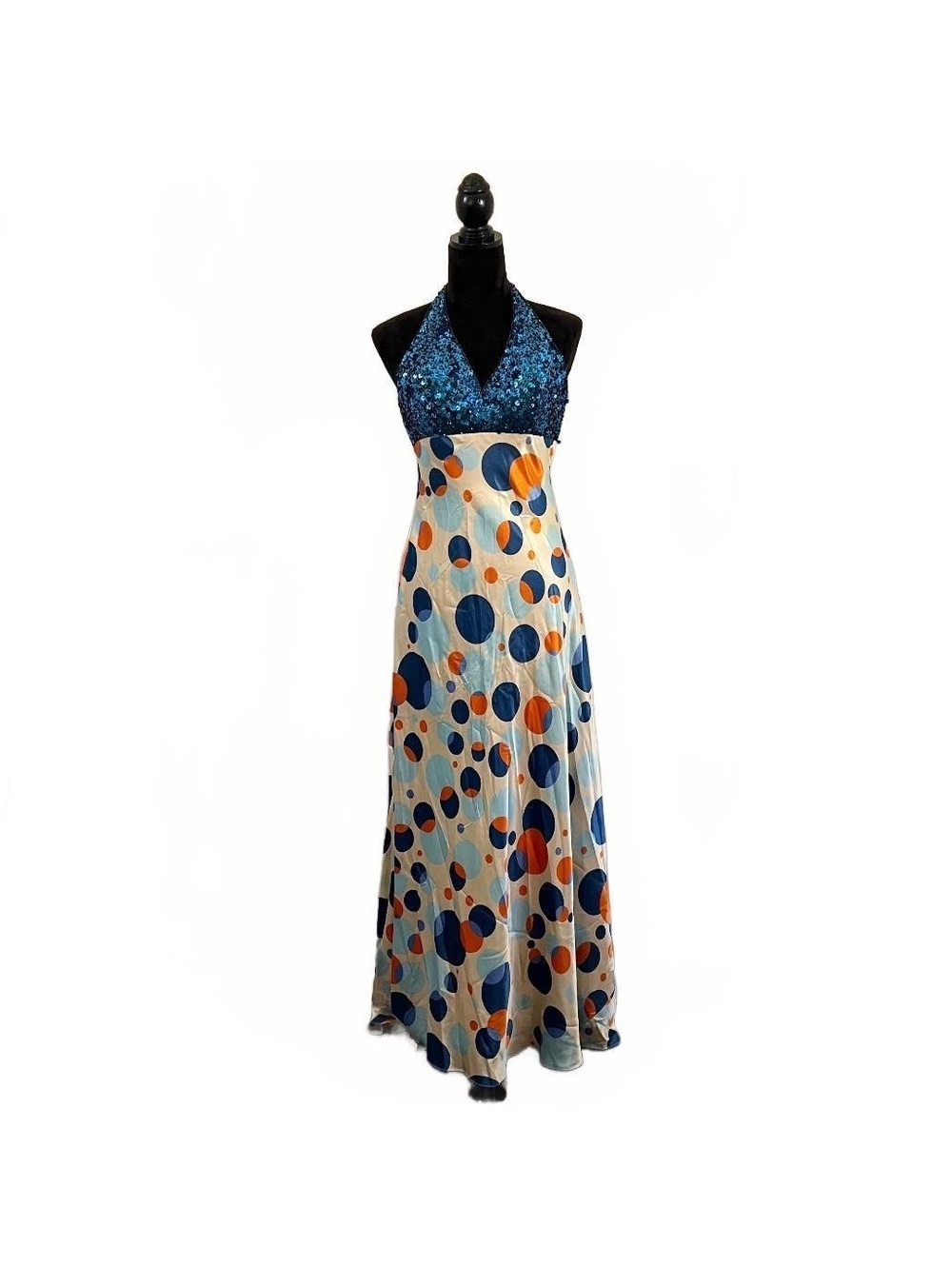 Y2K Blue Sequin Satin Colorful Polka Dot Prom Party Gown